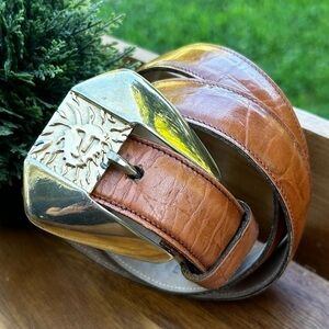 Anne Klein Vintage Logo Lions Head Gold Buckle Genuine Leather Belt | Size Large
